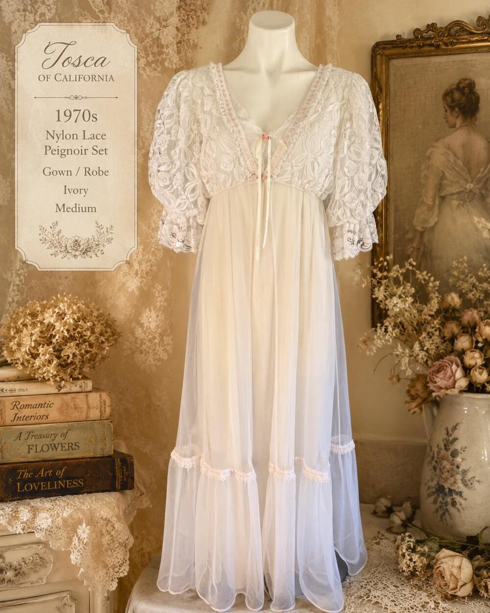 Vintage Tosca of California 70s Nylon Lace Peignoir Set Gown/Robe Ivory Bridal M